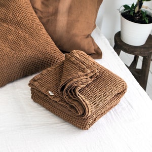 Waffle Blanket in Tobacco. Extra Soft Waffle Throw Blanket. Linen-Cotton Waffle Bed Cover. Brown Rustic Waffle Coverlet