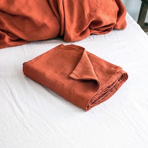 Linen Flat Sheet in Clay Red. King, Queen, Twin, Full, Double, Standard sizes. Premium stonewashed linen. Terracotta linen top sheet.