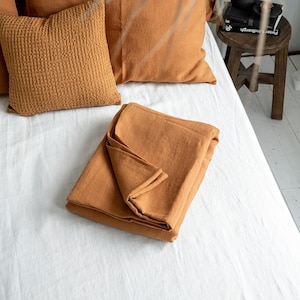 Drap plat en lin cannelle - drap de lit lavé en terre cuite rouille - drap plat orange roi doux - couvre-lit Queen naturel - drap Mid-Century