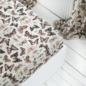 Butterfly Linen Flat Sheet. King, Queen, Full, Double, Twin, Single sizes. Premium stonewashed linen. Butterfly vintage linen top sheet