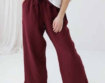 Linen Pants BECCA in Maroon - Straight Cut Red Linen Loungewear - Wide Leg Womens Trousers