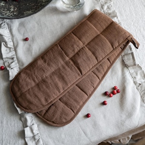 Linen Double Oven Mitt Glove - Walnut Brown Padded Two Hand Oven Mitt - Heat Resistant Chef Double Glove - Extra Long Natural Cooking Glove