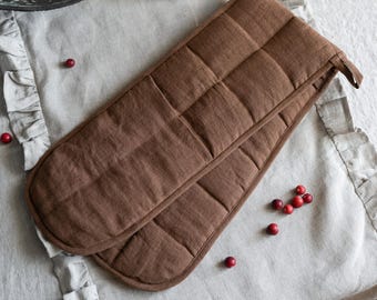 Dubbele linnen ovenwant - walnootbruin gewatteerde ovenwant voor twee handen - hittebestendige dubbele chef-kokhandschoen - extra lange natuurlijke kookhandschoen