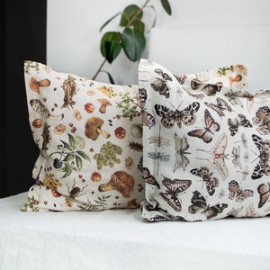 Linen Pillow Sham with Border - Oxford Linen Pillowcase - Decorative Bordered Linen Cover with Mushrooms, Insects, Butterflies, Flowers