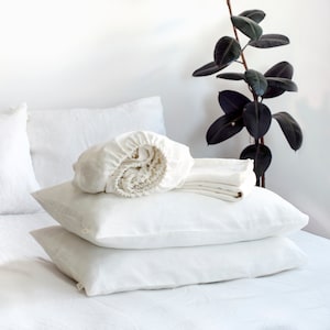 Premium WHITE LINEN SHEET Set - Eco-Friendly, Hypoallergenic, and Breathable Set. King, Queen, Twin, Full, Double sizes.