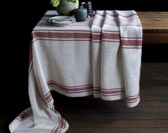 Linen Tablecloth with Red Stripes – Rustic Farmhouse Style,  100% Linen, Farmhouse Table Decor, Neutral with Deep Red Accents, Cottagecore