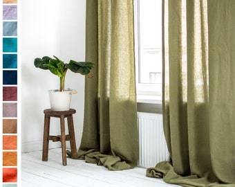 Linen Curtains in Olive Green, Linen Curtain Drape, Green Rod pocket curtais, Living Room Curtains, Bedroom Linen Curtains in Olive Green
