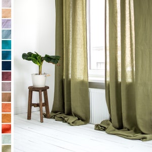 Linen Curtains in Olive Green, Linen Curtain Drape, Green Rod pocket curtais, Living Room Curtains, Bedroom Linen Curtains in Olive Green