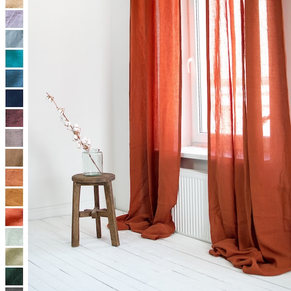 Panneau de rideau en lin terre cuite, drapé en lin rouge argile, rideaux passe-tringle, rideaux de salon en argile, rideaux en lin de chambre à coucher