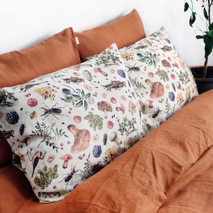 Mushroom linen pillowcase with unique vintage pattern