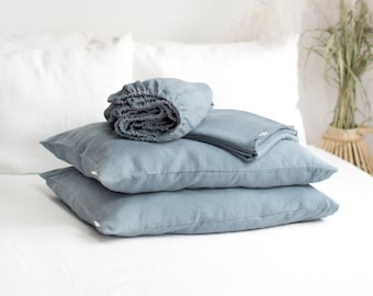 DUSTY BLUE LINEN Sheet Set. Fitted Sheet, Flat Sheet & 2 Pillowcases in King, Queen, Twin, Full, Double size. Light blue linen bedding.