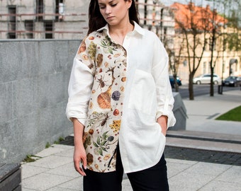 Oversized Women's Linen Shirt with Mushrooms. Loose women's top with long sleeves and two front pockets. Loose linen summer shirt outfit