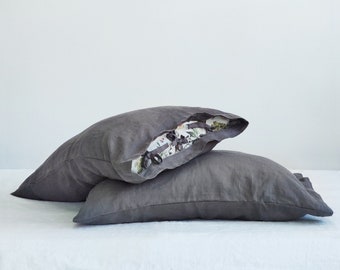 CHARCOAL GREY PILLOWCASE. Linen pillowcase with unique mushroom print. Standard, queen, king, body, euro sham and custom size pillow cover.