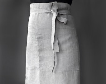 Short waist CHARCOAL (DARK GREY) apron for cooking. Natural soft linen apron unisex.