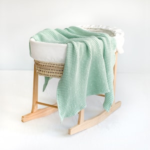 LINEN BABY BLANKET. Extra Soft Waffle Linen Child Bed Cover in Mint green. Stonewashed bed throw for baby crib. Toddler nursery bedspread.