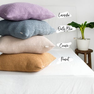 waffle linen pillowcase in lavender, dusty blue, cream and peanut colors