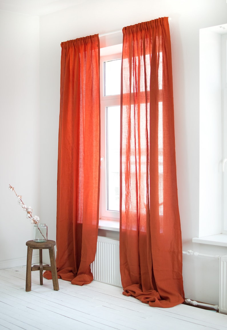 Linen Curtains in Midnight Blue, Linen Curtain Drape, Navy Rod pocket curtais, Living Room Curtains, Bedroom Linen Curtains in Dark Blue Clay Red