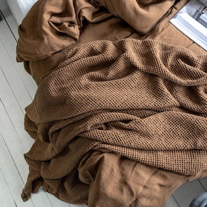Waffle Blanket in Tobacco. Extra Soft Waffle Throw Blanket. Linen-Cotton Waffle Bed Cover. Brown Rustic Waffle Coverlet image 2