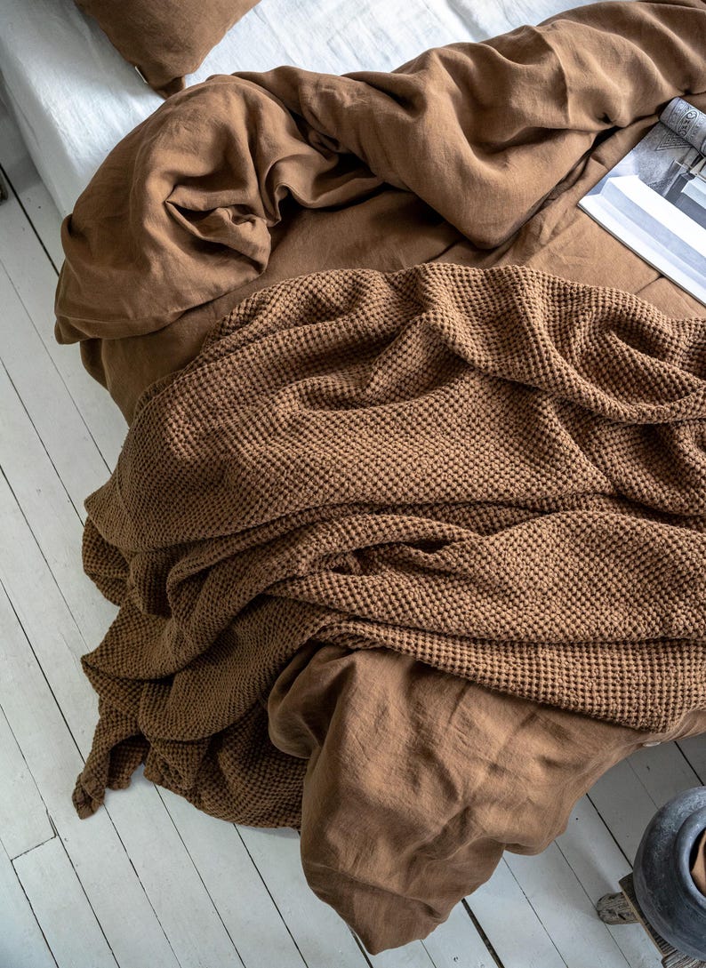 Waffle Blanket in Tobacco. Extra Soft Waffle Throw Blanket. Linen-Cotton Waffle Bed Cover. Brown Rustic Waffle Coverlet image 2