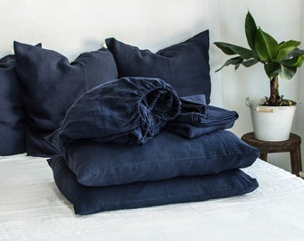 Linen Sheet Set in Midnight Blue. Fitted Sheet, Flat Sheet & 2 Pillow Covers in King, Queen, Twin, Full, Double. Linen Sheets and Pillows.