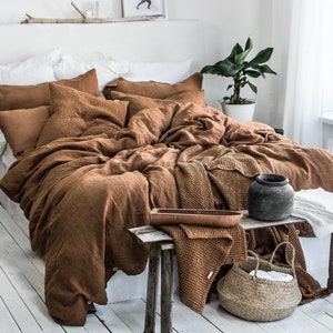 Linen Bedding Set in Tobacco. Duvet Cover and 2 pillowcases set. King, Queen, Twin, Full, Double, Single size. Tobacco Brown Linen bedding