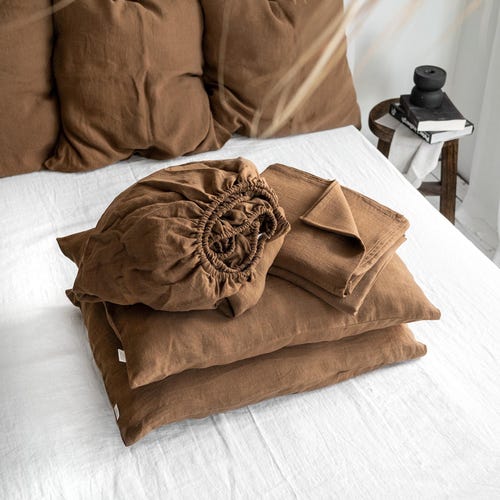 tobacco linen sheets Sheet Set in Tobacco. Fitted Sheet, Flat Sheet & 2 Pillowcases in King, Queen, Twin, Full, Double Size. Brown Linen Bedding Bed sheet sets handmade from stone washed Tobacco Linen – Parachute Home