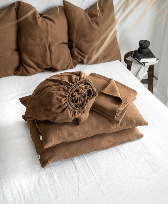 tobacco bedding Linen Sheet Set in Tobacco. Fitted Sheet, Flat Sheet & 2 Pillowcases in  King, Queen, Twin, Full, Double Size. Tobacco Brown Linen Bedding