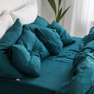 Linen Sheet Set in Emerald Blue - Fitted Sheet, Flat Sheet, 2 Pillowcases - King Queen Twin XL Full Double Washed Soft Premium Linen Sheets