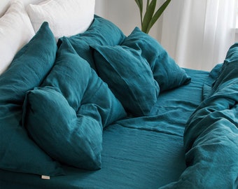 Linen Sheet Set in Emerald Blue - Fitted Sheet, Flat Sheet, 2 Pillowcases - King Queen Twin XL Full Double Washed Soft Premium Linen Sheets