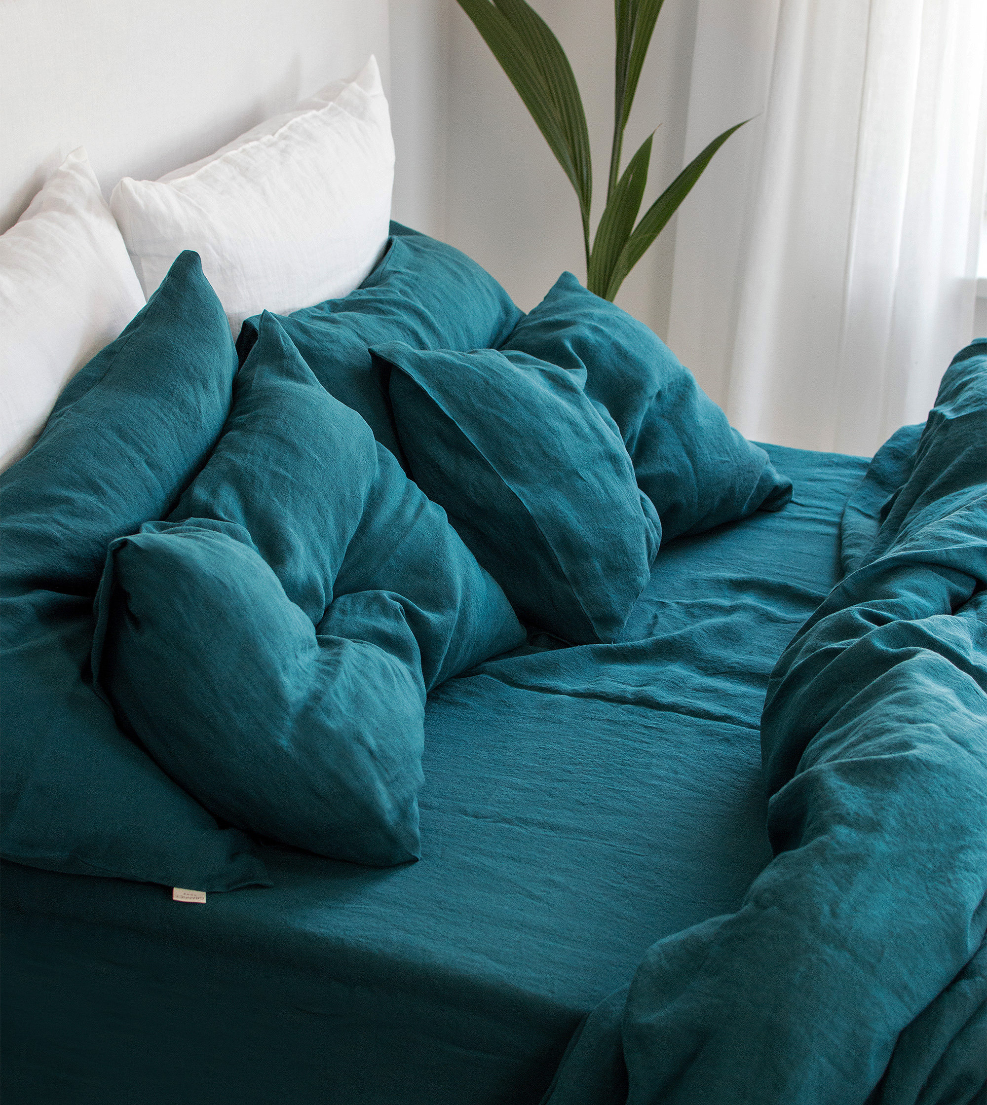 エメラルドブルーのリネンシーツセット - ボックスシーツ、フラット