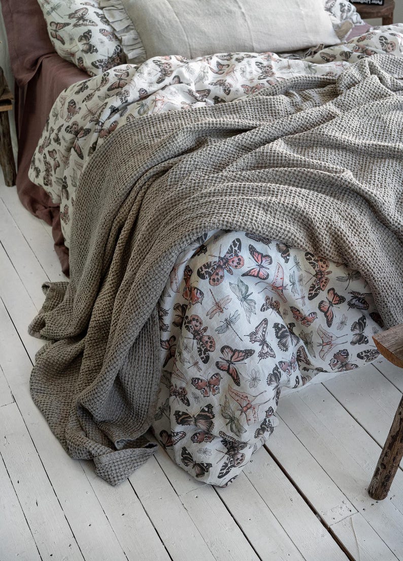 BUTTERFLY LINEN BEDDING. 3 piece set. Unique Vintage Butterfly Print. King, Queen, Twin, Full, Double sizes. Botanical Forest Linen Bedding. image 4