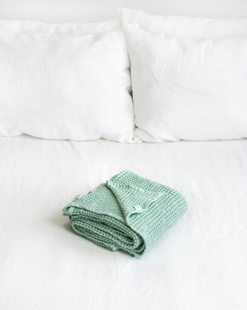 MINT GREEN WAFFLE Blanket. Linen Mint Green Bed Throw in Extra Etsy