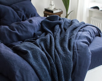 Waffle Coverlet in Midnight Blue. Waffle Bed Cover in Navy Blue. Extra Soft & Puffy Linen Waffle Bedspread. Navy Blue Waffle Coverlet.