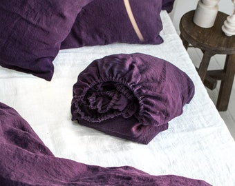 Linen Fitted Sheet in Plum - Cal King Queen Full Double Twin XL Sizes - Dark Puple Soft Natural Organic 100% Linen Sheet With Tight Elastic