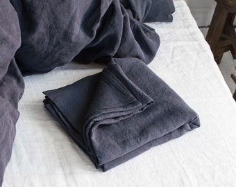 Linen Flat Sheet in Graphite Blue - Cal King Queen Full Double Twin XL Single - Soft Premium Washed Natural Anthracite 100% Linen Top Sheet