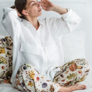 Mushroom Linen Pajama Set, Loose womens linen loungewear, Mushroom linen pajama pants and top, Night gown with vintage mushroom image 5