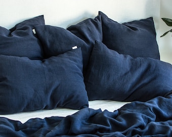 Linen Pillowcase in Midnight Blue. Standard, Queen, King, Body, Euro sham, Deco and Custom size Pillow Cover. Navy Blue Linen Pillowcase.