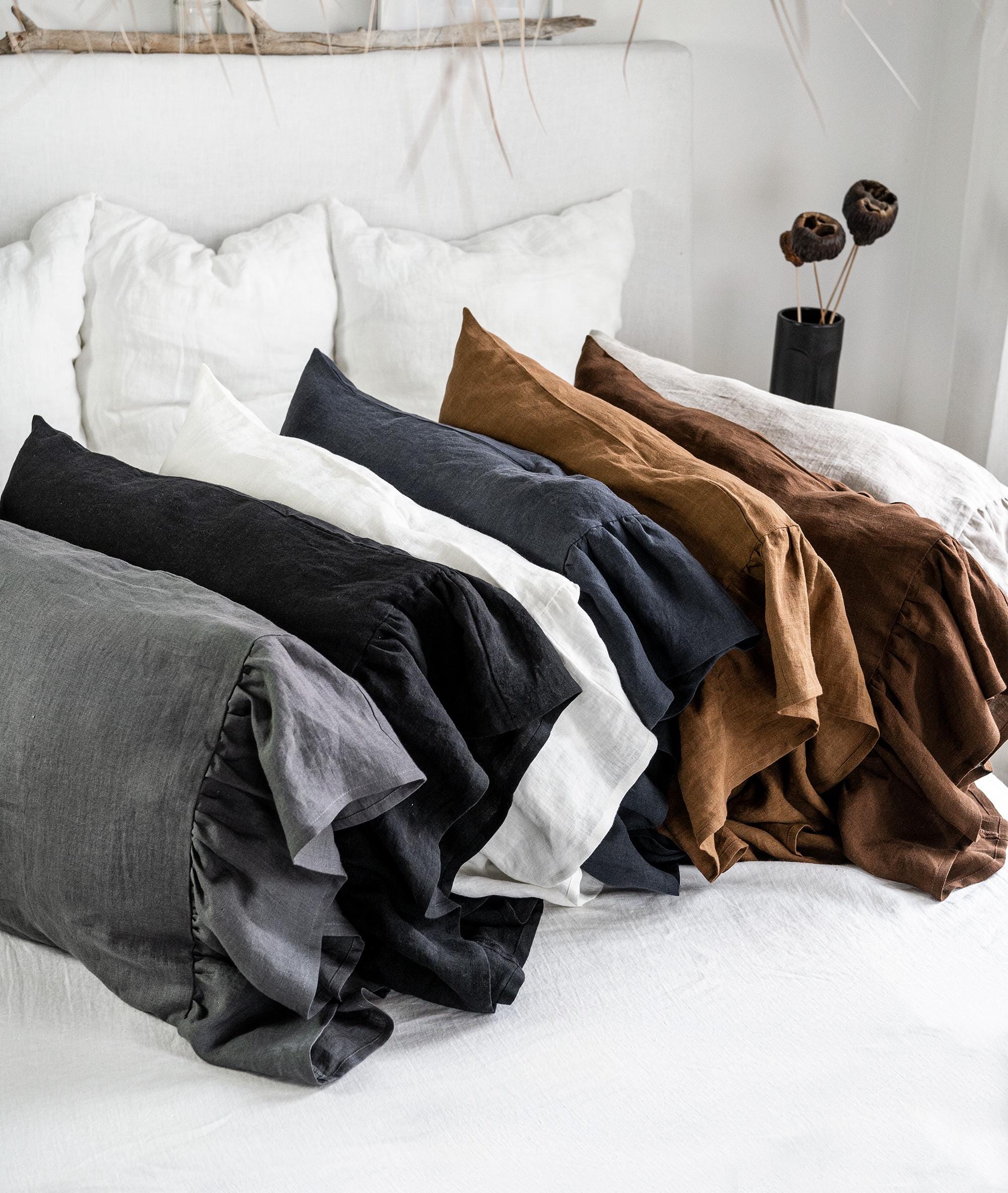 新品未使用フリル付きピローシャム2点 サイドフリルリネン枕カバー - シャビーチックフレンチピロー