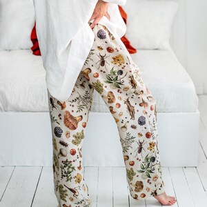 Mushroom Linen Pajama Set, Loose womens linen loungewear, Mushroom linen pajama pants and top, Night gown with vintage mushroom image 6