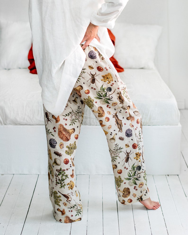 Mushroom Linen Pajama Set, Loose womens linen loungewear, Mushroom linen pajama pants and top, Night gown with vintage mushroom image 6