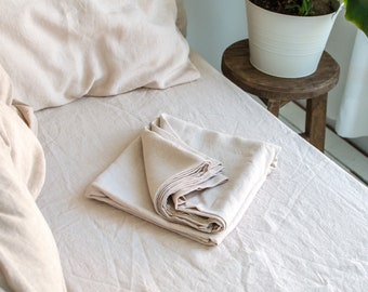 Linen Flat Sheet in Cream color. King, Queen, Twin, Full, Double, Standard sizes. Premium stonewashed linen. Cream Natural Linen Top Sheet