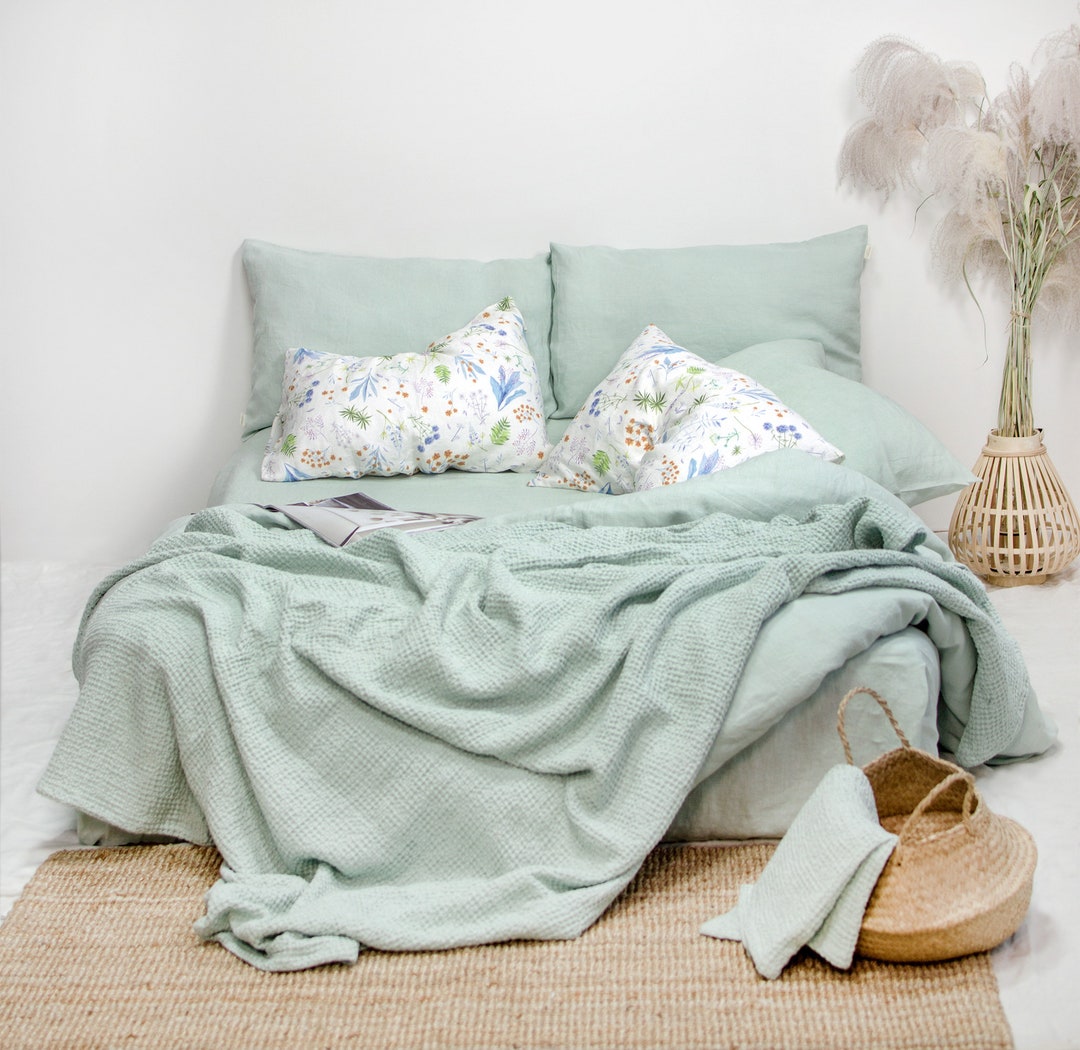 Waffle Blanket in Mint Green. Waffle Throw Blanket in Light Green. Extra Soft Puffy Linen Waffle Bed Cover. Turquoise Waffle Coverlet. Etsy