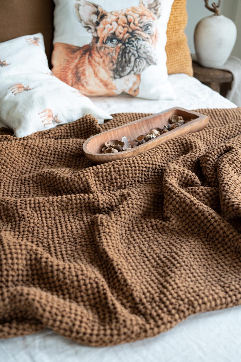 Waffle Blanket in Tobacco. Extra Soft Waffle Throw Blanket. Linen-Cotton Waffle Bed Cover. Brown Rustic Waffle Coverlet image 4