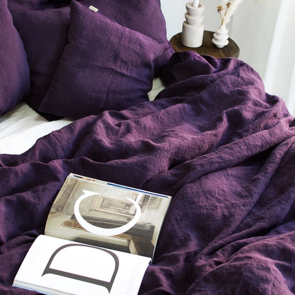 Linen Duvet Cover in Plum. King, Queen, Twin, Full, Double, Single sizes. Dark Puple Natural Linen Duvet Cover. Plum Purple Linen Bedding