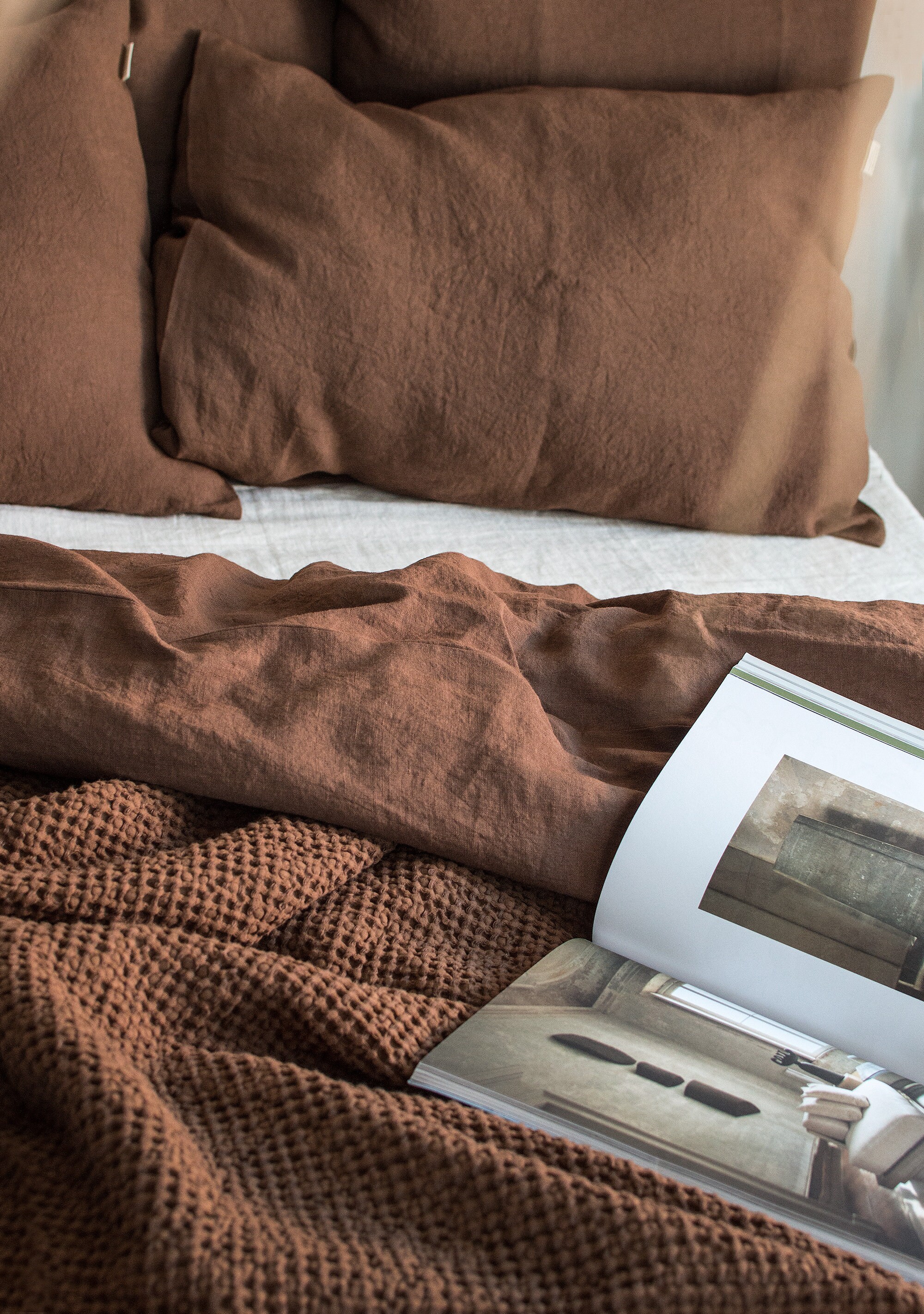 Waffle Blanket in Walnut. Extra Soft Waffle Throw Blanket. Linen-Cotton Waffle Bed Cover. Dark Brown Rustic Waffle Coverlet
