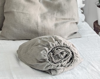 May include: A rolled up gray linen fitted sheet on a white bed with a gray linen pillow on top of a white pillow with ruffled edges.
