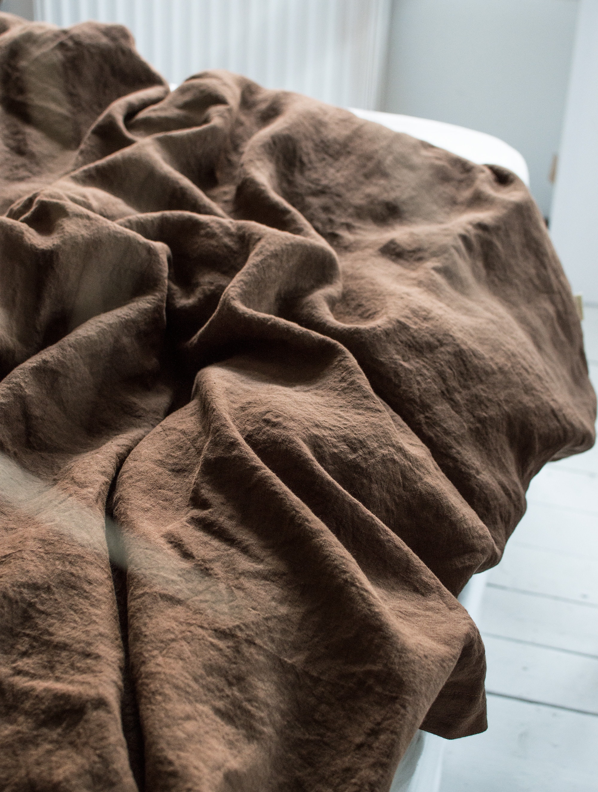 Waffle Blanket in Walnut. Extra Soft Waffle Throw Blanket. Linen-Cotton Waffle Bed Cover. Dark Brown Rustic Waffle Coverlet