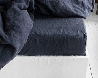 Linen Fitted Sheet in Graphite Blue - Cal King Queen Full Double Twin XL Sizes - Gray Blue Washed Bed Sheet - Anthracite Linen Bed Linen