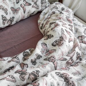 BUTTERFLY LINEN BEDDING. 3 piece set. Unique Vintage Butterfly Print. King, Queen, Twin, Full, Double sizes. Botanical Forest Linen Bedding. image 5