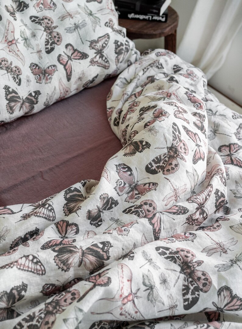 BUTTERFLY LINEN BEDDING. 3 piece set. Unique Vintage Butterfly Print. King, Queen, Twin, Full, Double sizes. Botanical Forest Linen Bedding. image 5